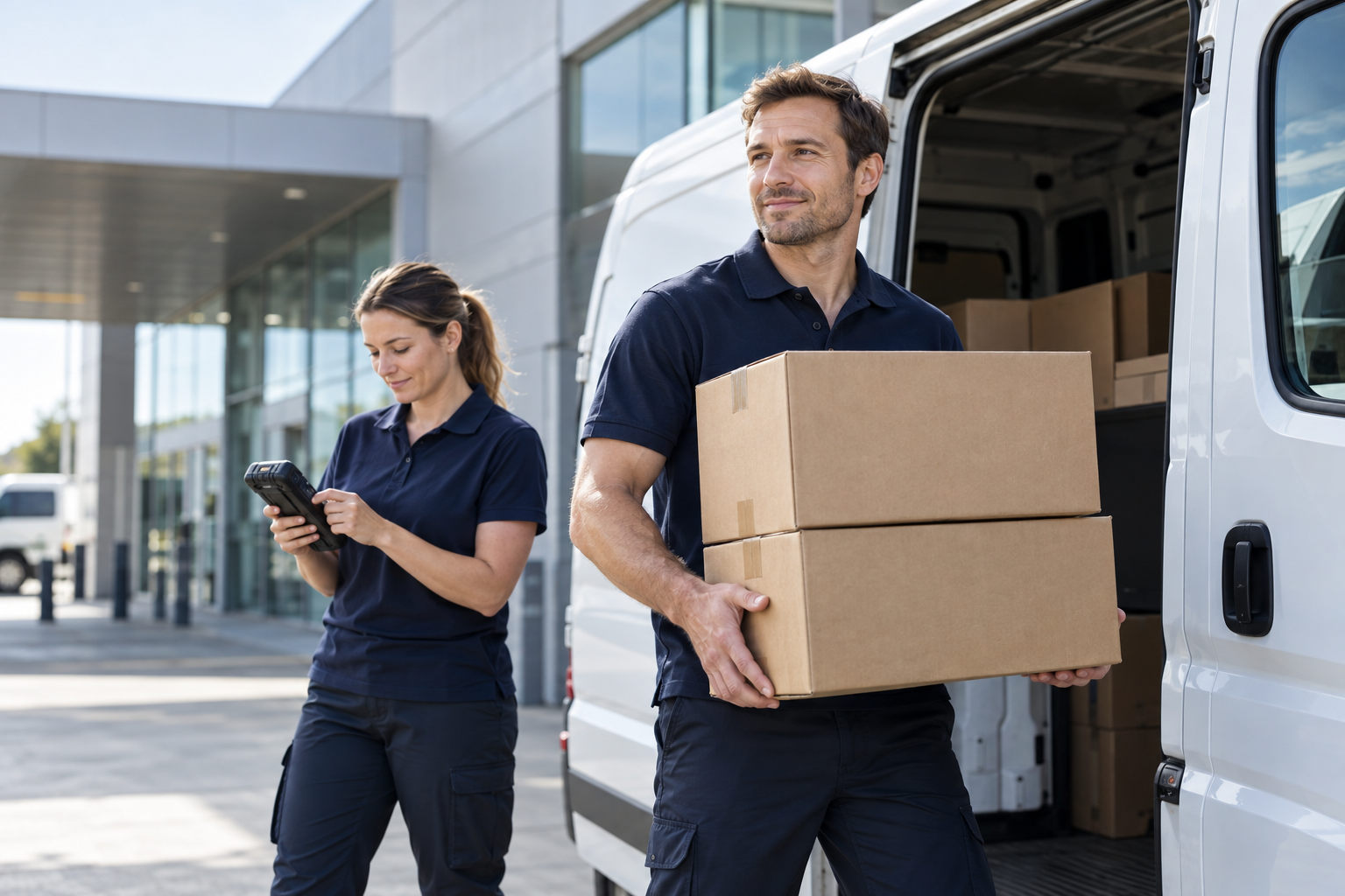 Two professional couriers preparing deliveries beside a white cargo van